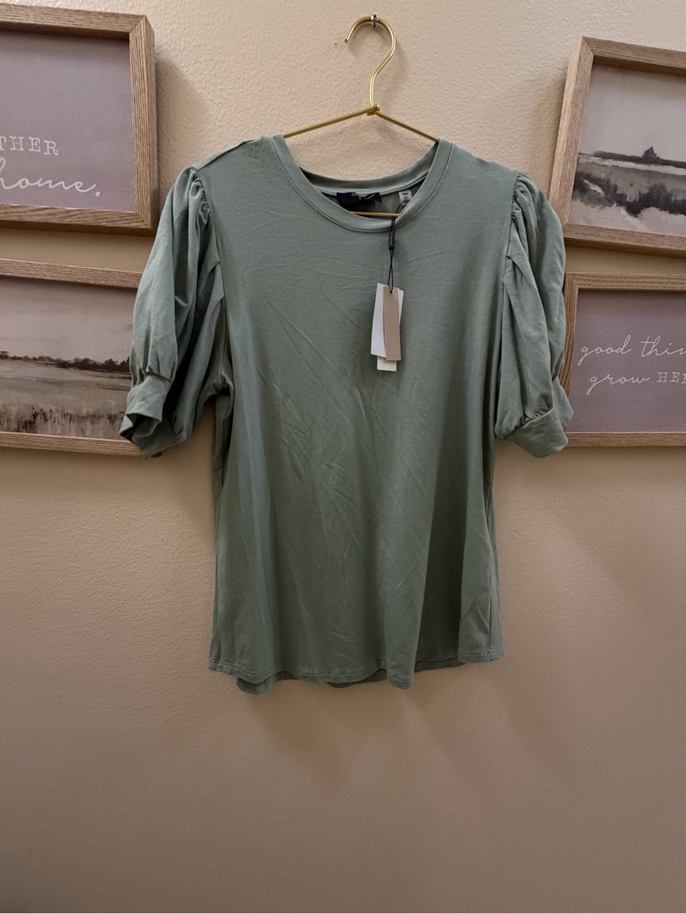 Tahari Sage Green Puff Sleeve Crewneck Top